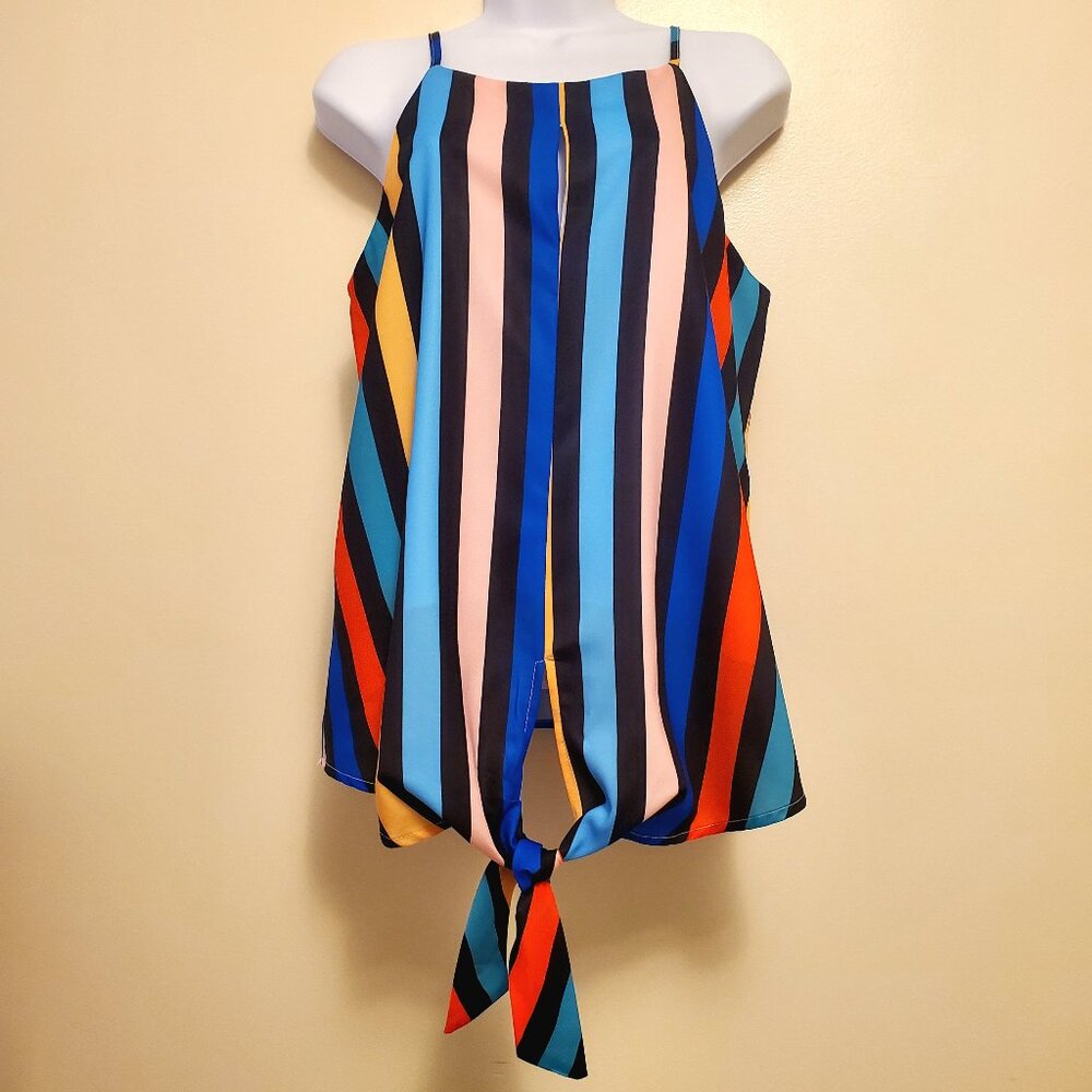Bold Striped Multi-Color Tie Knot Sleeveless Keyhole Top Blouse - (S)